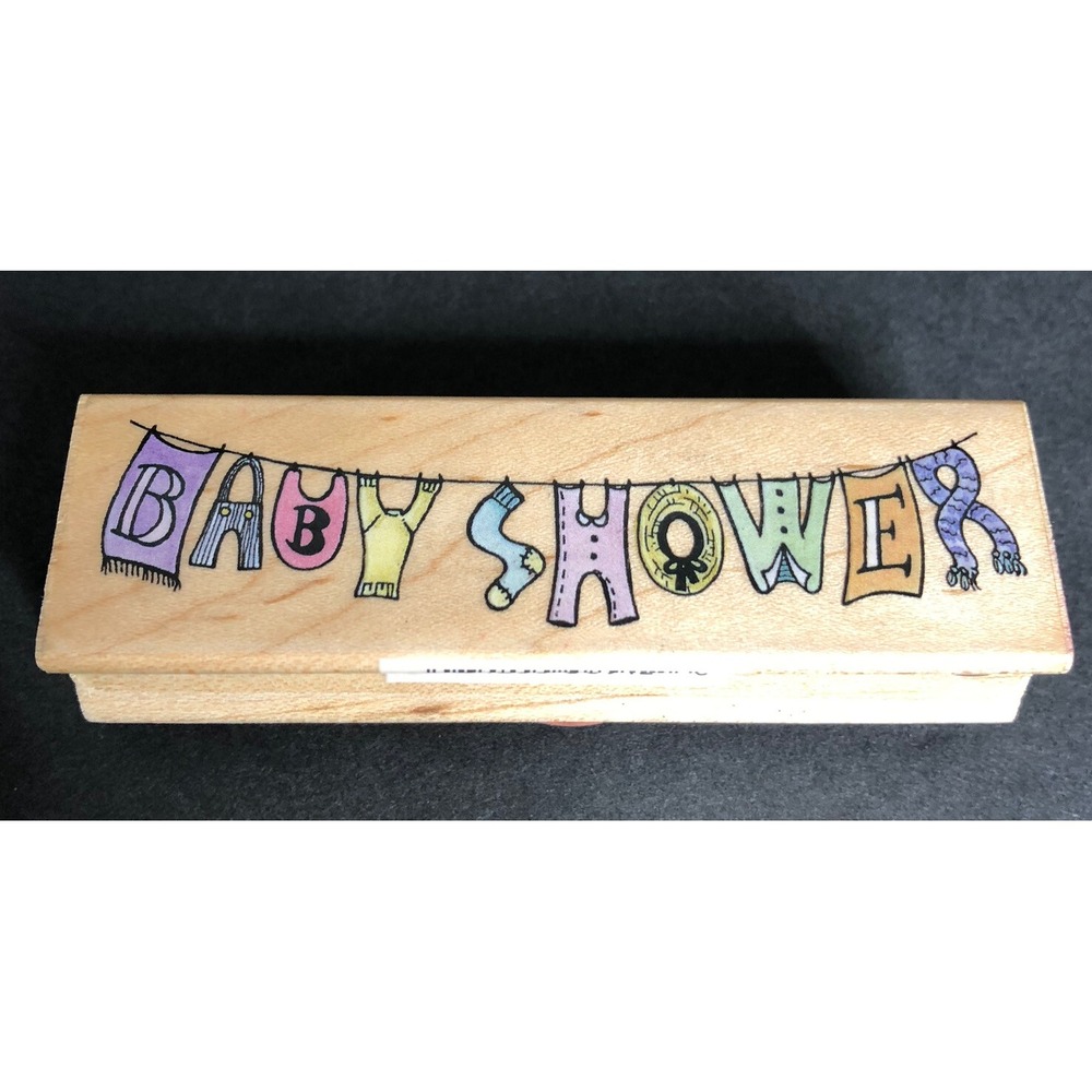 All Night Media Rubber Stamp Baby Shower Banner 891G Wood Mounted